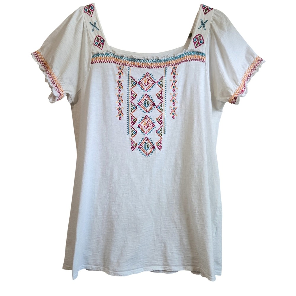 RXB Womens L White Cotton Boho Native Embroidered Square Neck Short Sleeve Top
